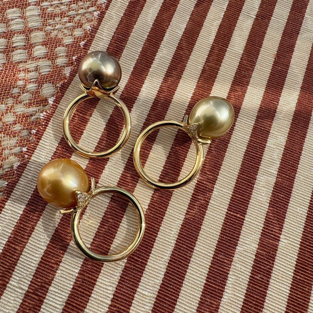 Diamond and Golden South Sea Pearl Dauphine Ring